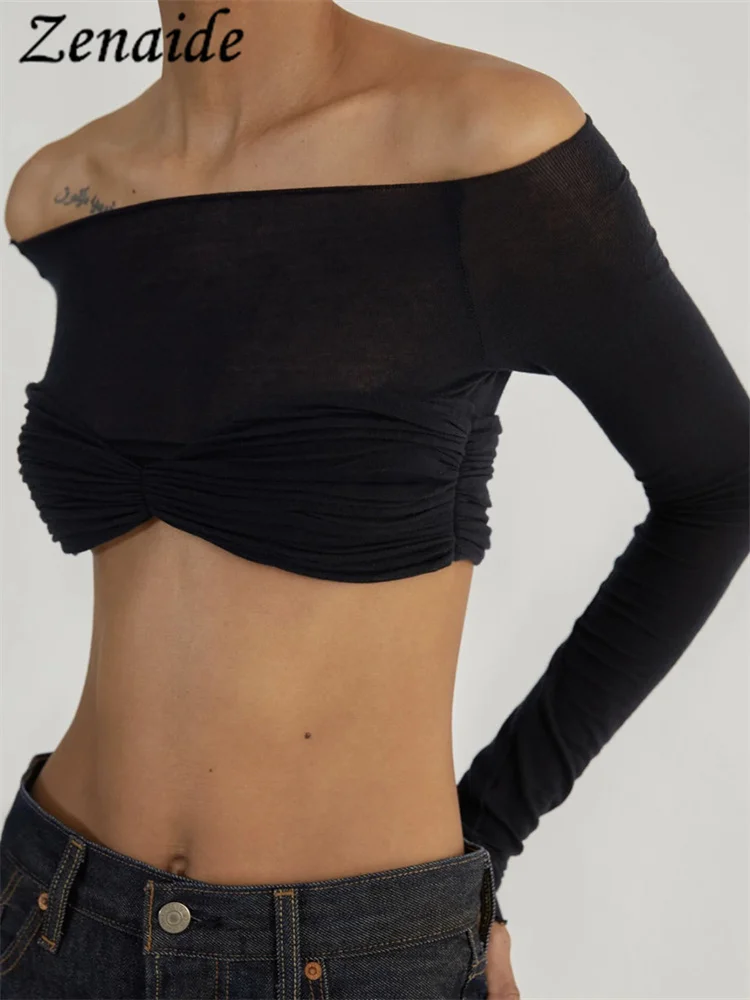 

Zenaide 2023 Spring Summer Off Shoulder Long Sleeve Crop Top Women Ruched Solid Skinny Sexy See Through T Shirt Fashion Y2K