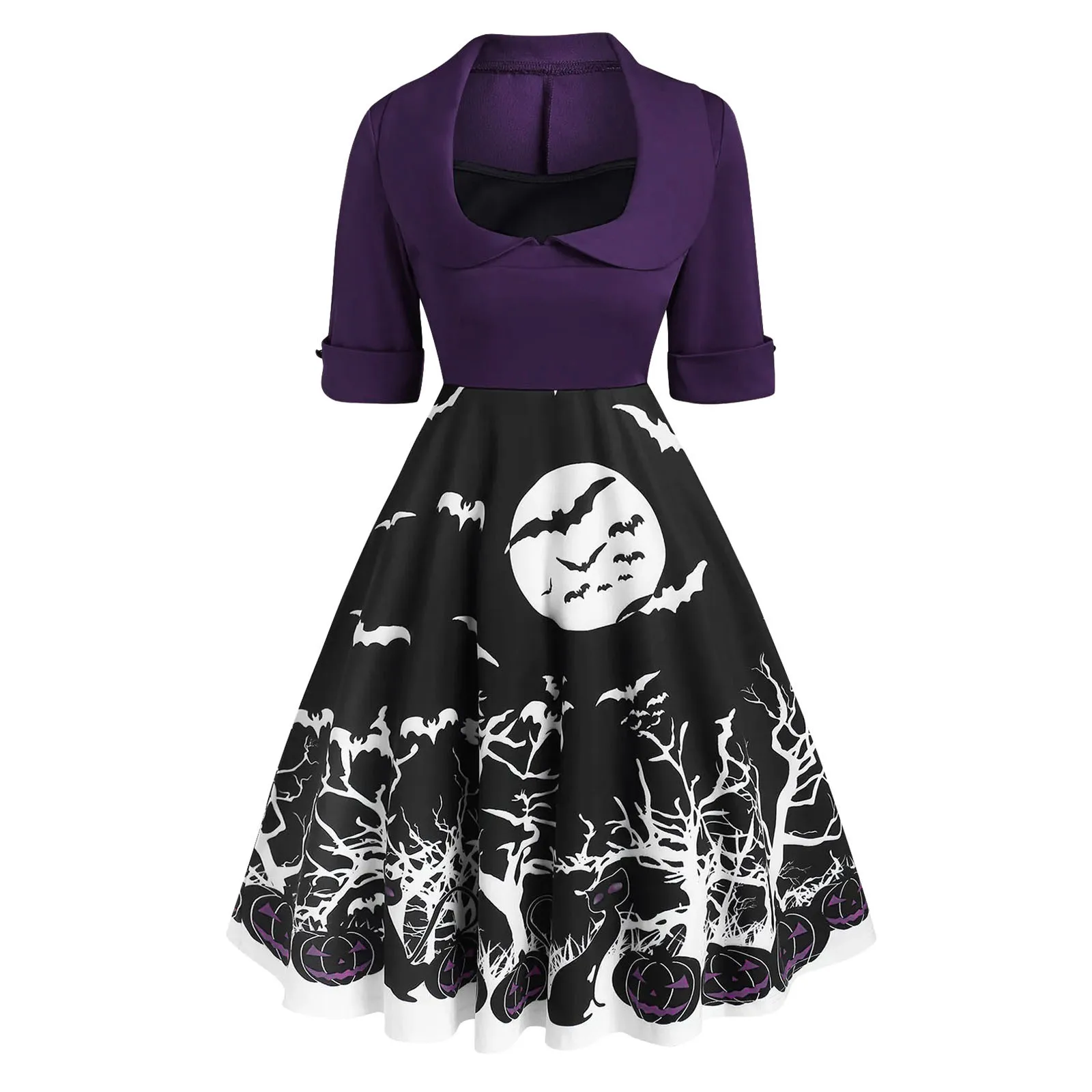 

Women Halloween Pumpkin Printing Dress Funny Solid Color Stitching Doll Collar Dress Dresses for Women Casual Fall