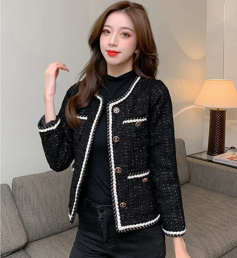 

Женская твидовая куртка в Корейском стиле, элегантная винтажная куртка с длинным рукавом и круглым вырезом, верхняя одежда