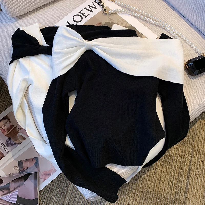 Короткий женский топ Bomon французский черно-белый одинаковый свитер осенний