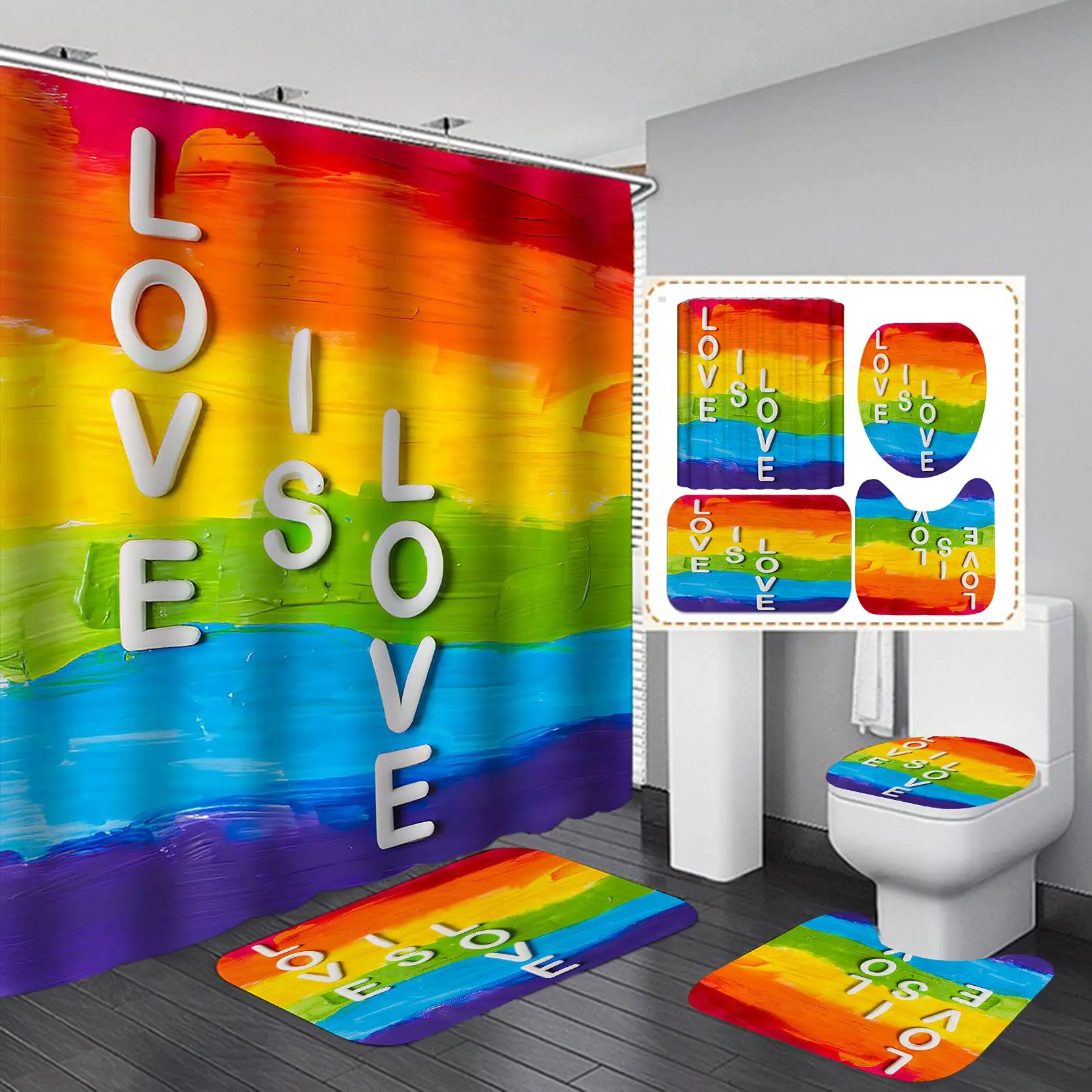 

Rainbow Pride Gay Flag Shower Curtain Set Bath Mat Bathroom Set Toilet Carpet Floor Rug Gay Pride Lesbian Peace LGBT Home Decor