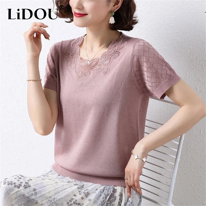 

Spring Summer Lace Hollow Out Fashion Casual Tops Women Solid Color Elegance Tee Loose Round Neck Short Sleeve Lady Pullovers