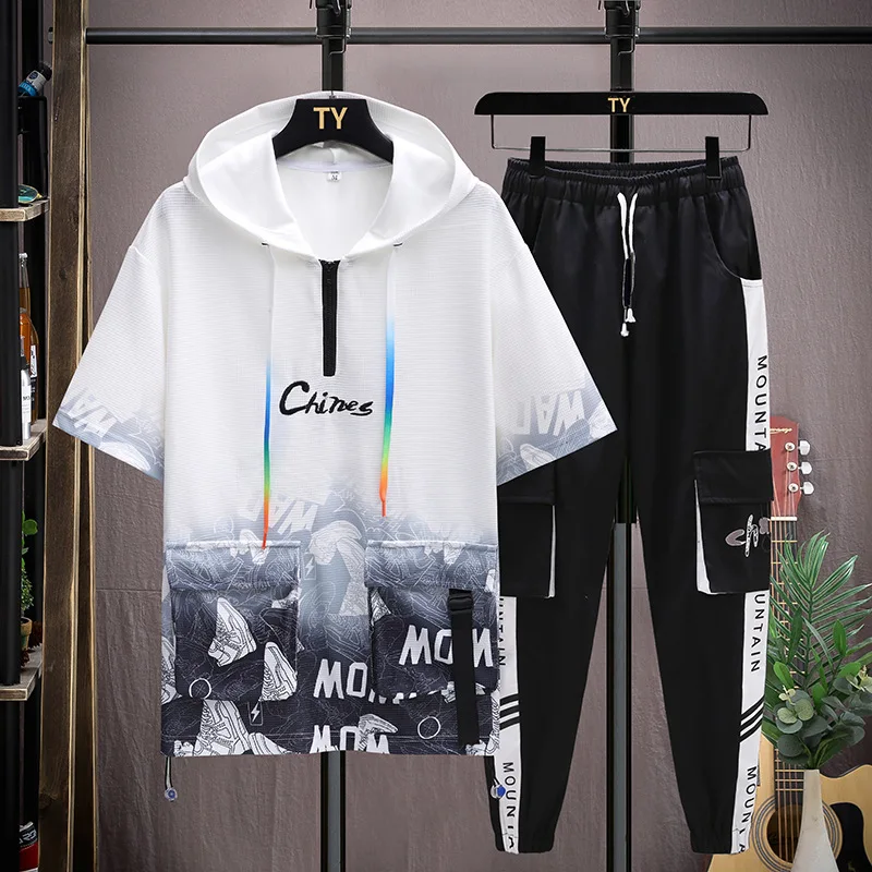 Summer Men's New Youth Ice Silk Loose Fashion Waffle Student Short Sleeve T-shirt Thin Suit Loose