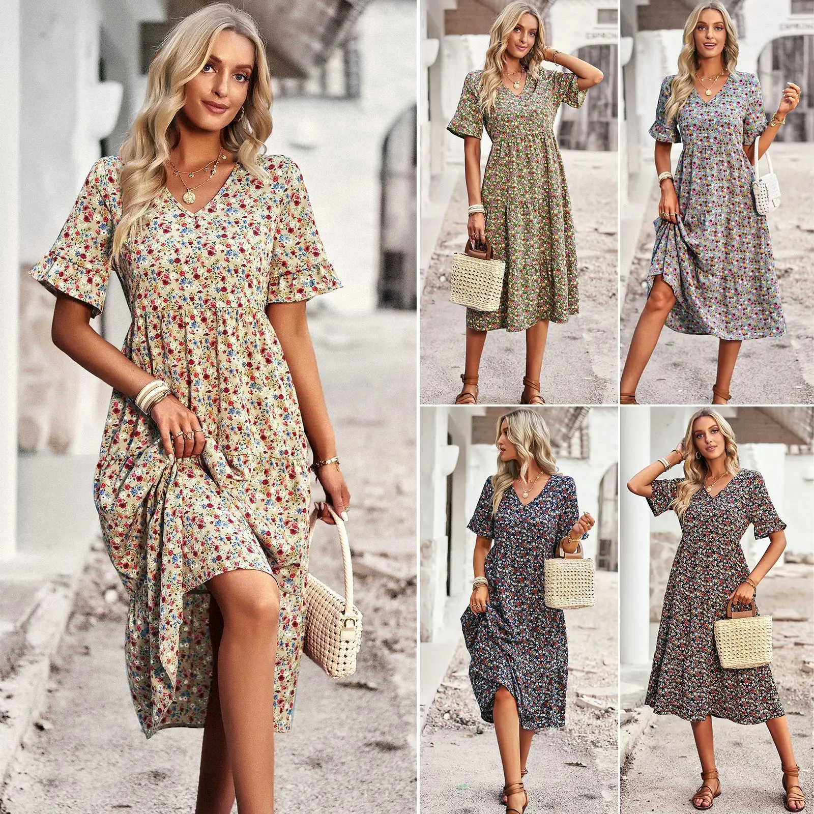

Fashion V-neck Elegant Printed Dresses 2023 New Women's Summer Short Sleeve A-line Floral Skirt Holiday Female Dress Vestidos