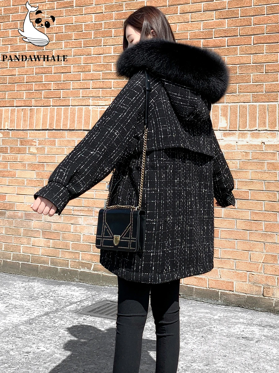 Plaid White Duck Down Jacket Female 2023 New Slim Korean Fashion Tops Hooded Fur Collar Thicken Warm Women's Winter Coats Parkas