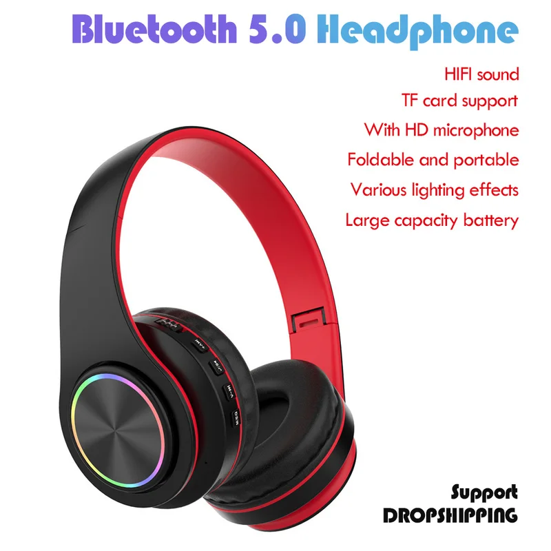 

B39 Bluetooth 5.0 Headphone Head-Mounted Wireless Colorful Light TF Card with Mic Folding Subwoofer Bluetooth Headset Earphones