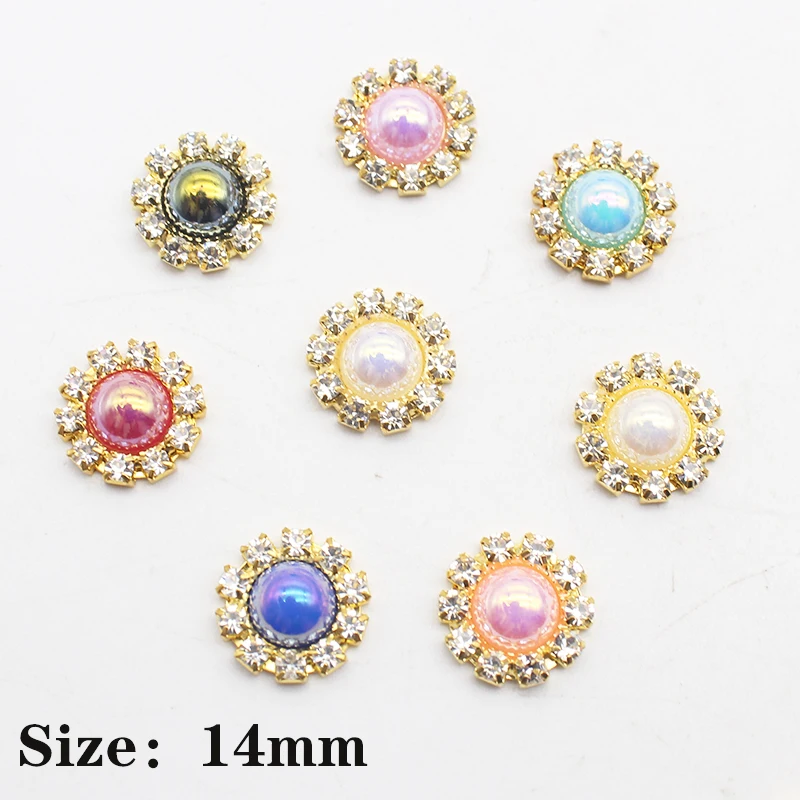 

Металлические блестящие круглые цветные жемчужные Плоские пуговицы, 10 шт., 14 мм, золотые стразы «сделай сам», украшения для одежды и свадьбы,...