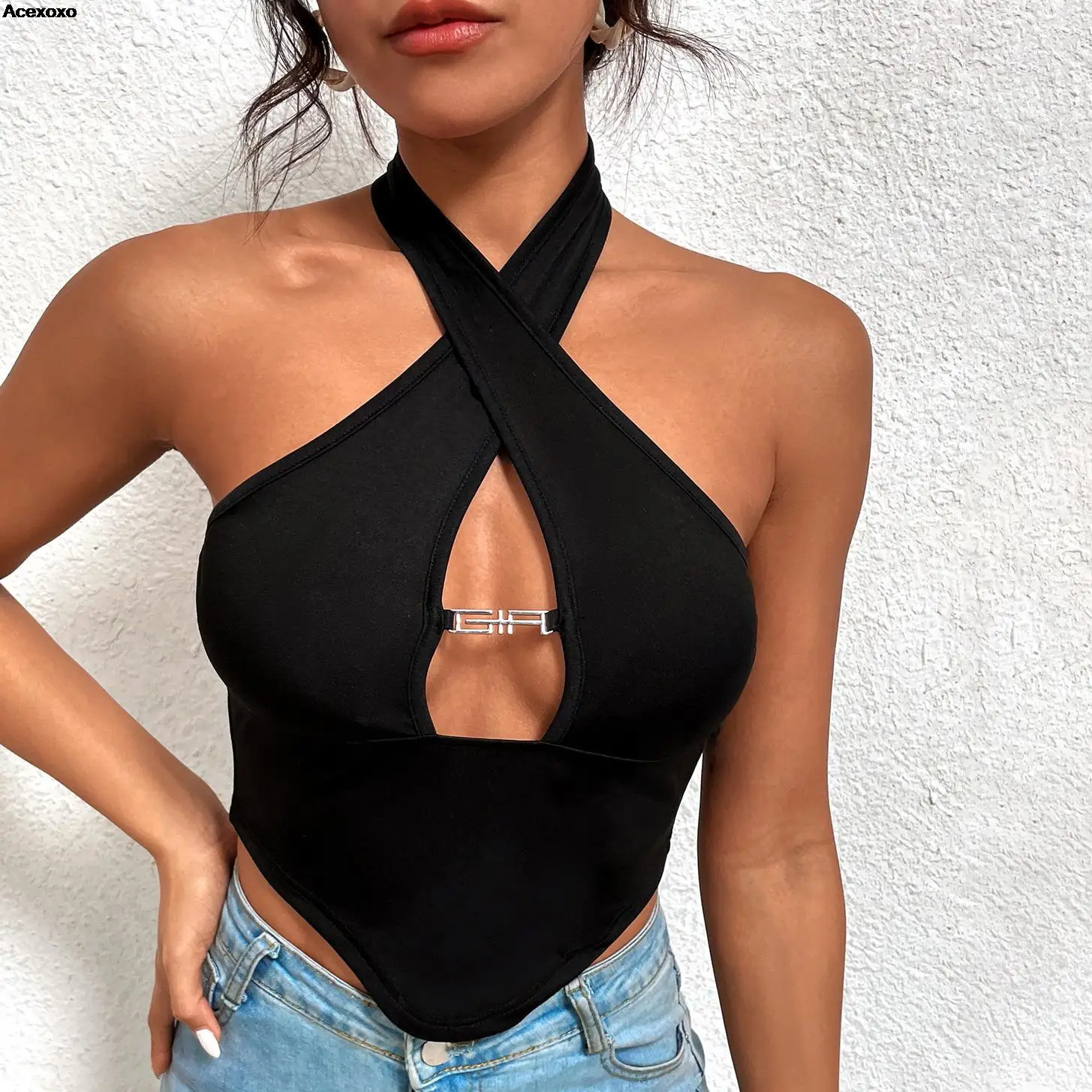 

Sexy cross-neck sweater slim-fit spring/summer skinny T-shirt