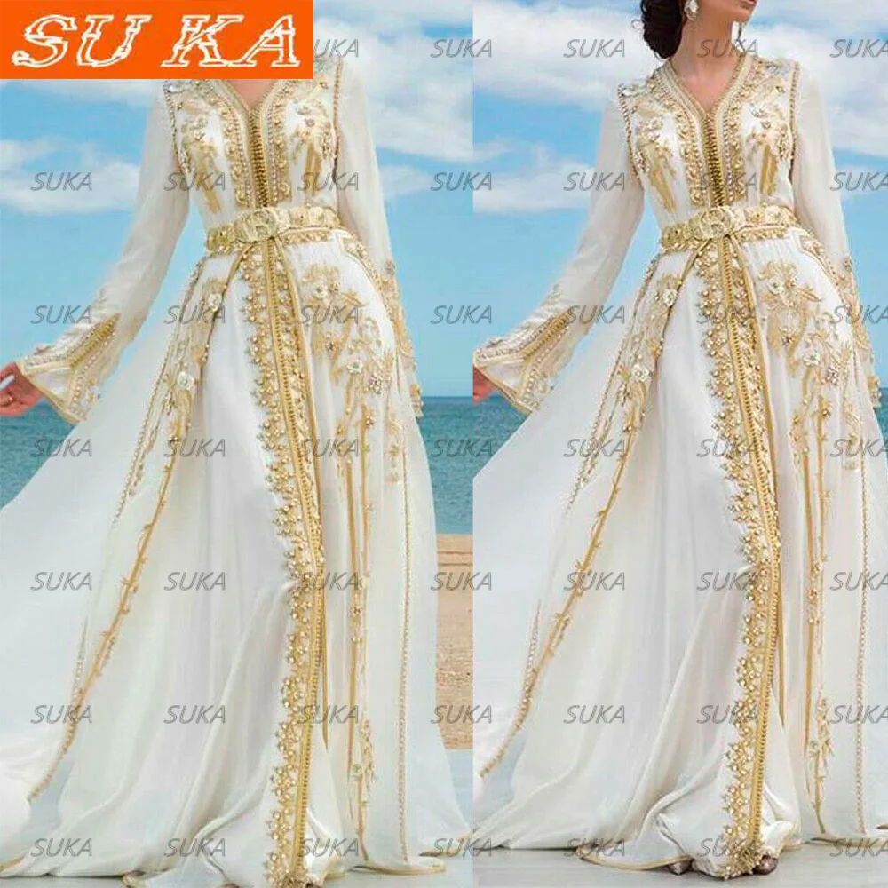 

Luxury Gold Applique Evening Dresses Elegant Boho White Chiffon Dubai Arabic Formal Party Dress vestidos elegantes para mujer