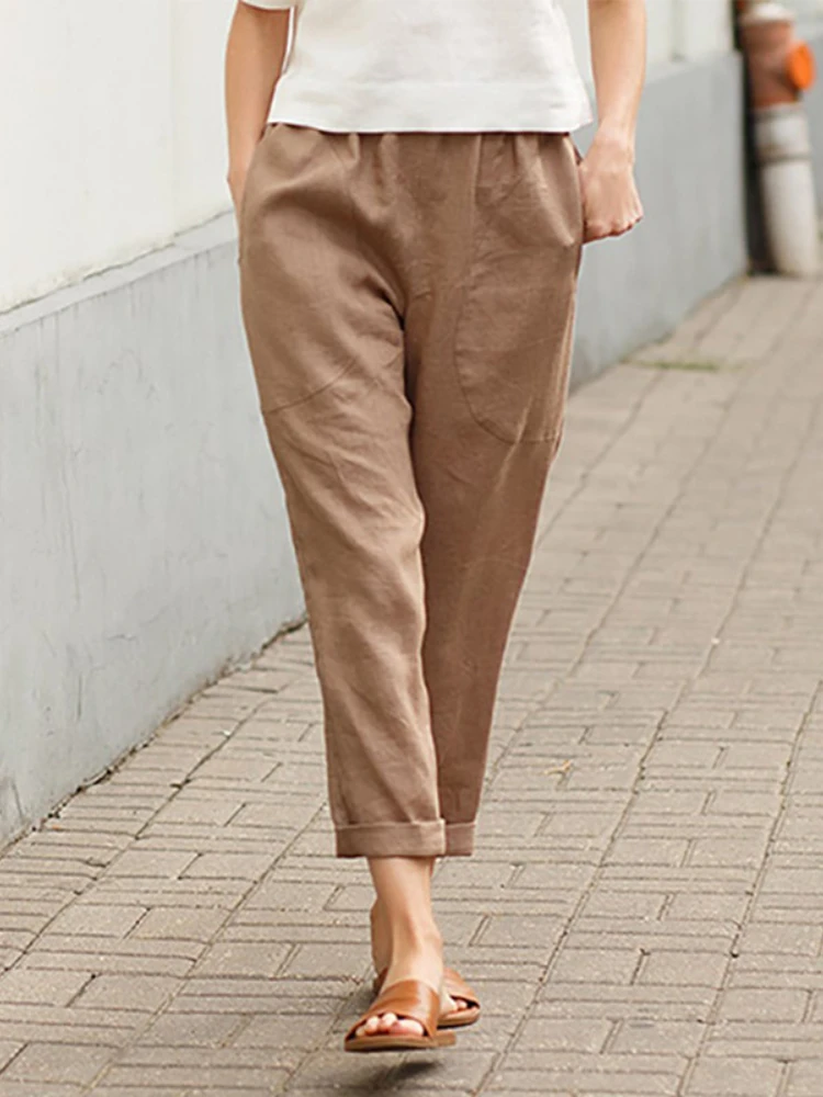 Spring and Summer New Women's Clothing Women's Large Pockets Solid Color Comfortable Cotton Linen Casual Pants Straight Trousers