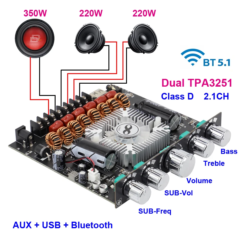 2*220 Вт + 350 TPA3251 Плата усилителя мощности Bluetooth 2 1 Ch Класс D USB звуковая карта