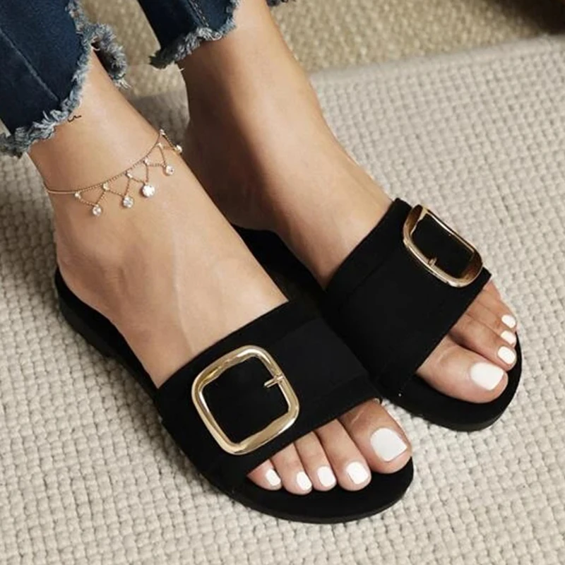 2023 Minimalist Buckle Detail Slide Sandals Women Summer Non-slip Outdoor Beach Sexy Female Sandals Fashion Black Woman Slippers