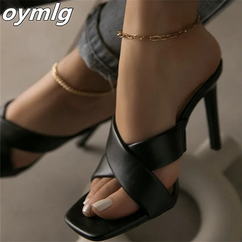

2022 summer new style square head cross strap stiletto heels women's solid color sandals and slippers 43 large wholesale