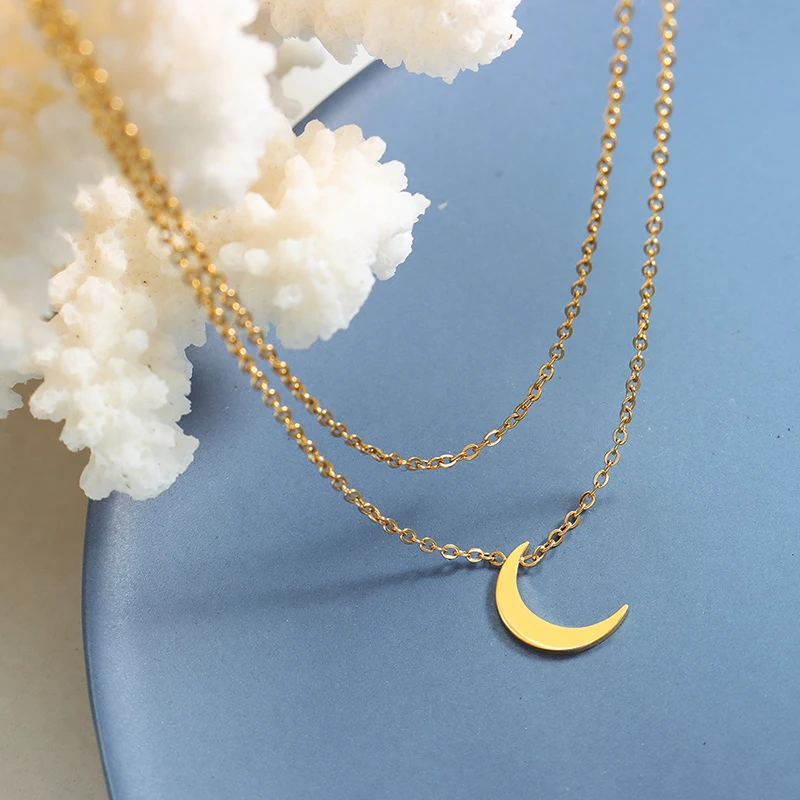 

Модное изысканное ожерелье с подвеской в виде Луны из нержавеющей стали, Двухслойное ожерелье до ключиц для девушки, милое ювелирное изделие, подарок на день рождения P530