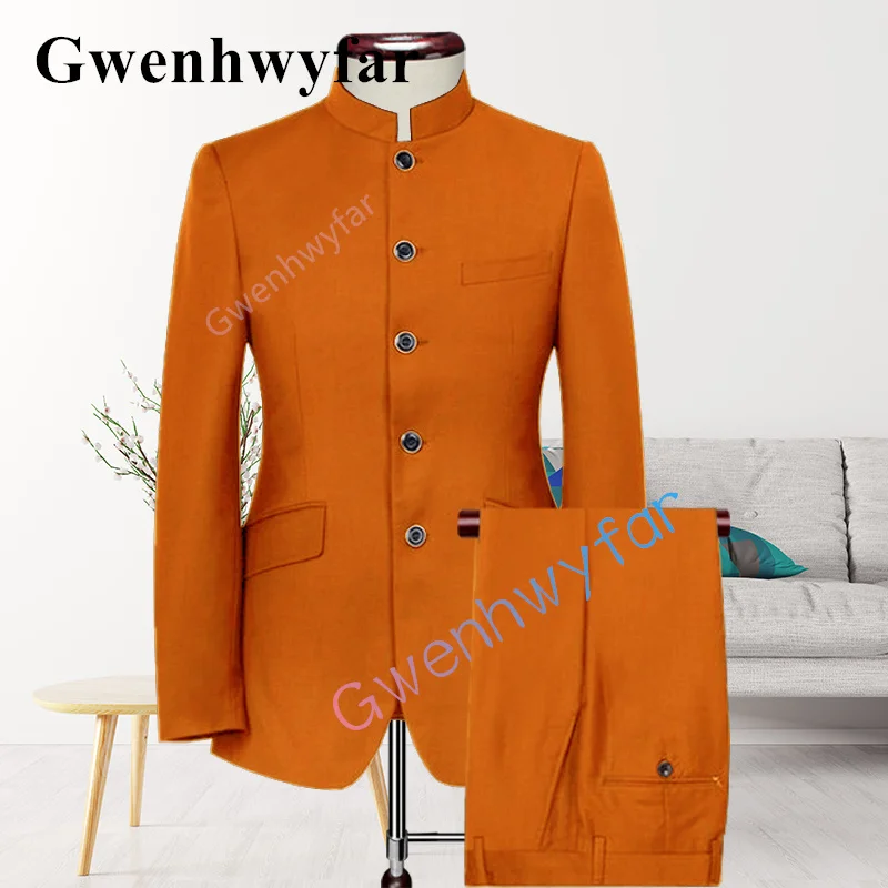 

Gwenhwyfar New Arrivals Indian Style Custom Size Bright Orange Tuxedo Groom Wedding Trend Design Men Two Piece Suit