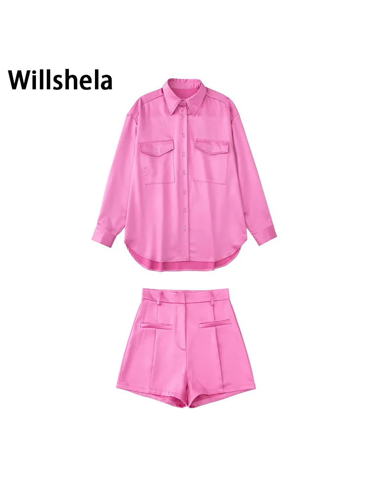 

Willshela Women Fashion Two Piece Set Solid Single Breasted Shirt & Front Zipper Shorts Chic Lady Women Outfit Shorts Sets