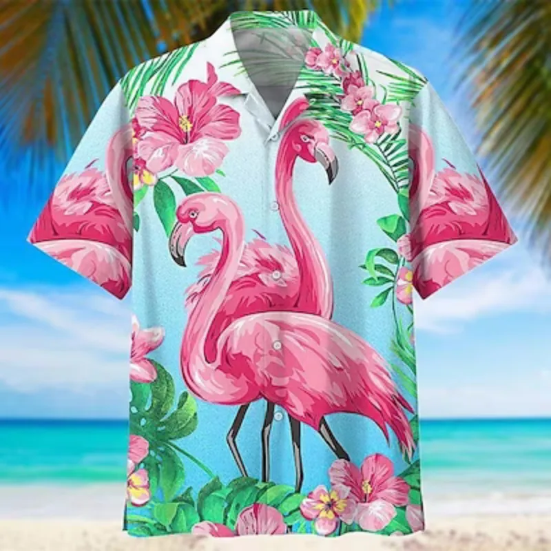 

Men's Summer Hawaiian Shirt Flamingo print lapel short sleeve oversized top shirts