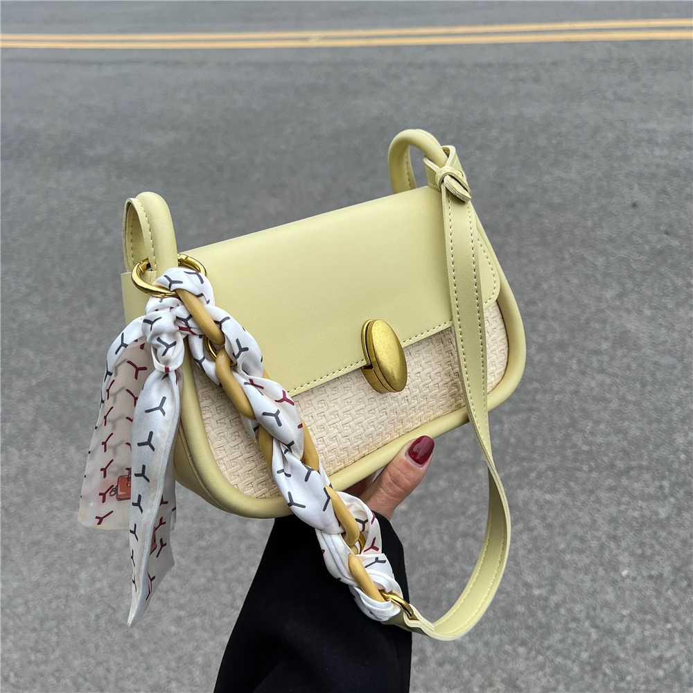 

Summer Scarf Chain Woven Small Shoulder Crossbody Bags For Women 2022 Trend Lock Design Contrast Color Saddle Ladies Handbags