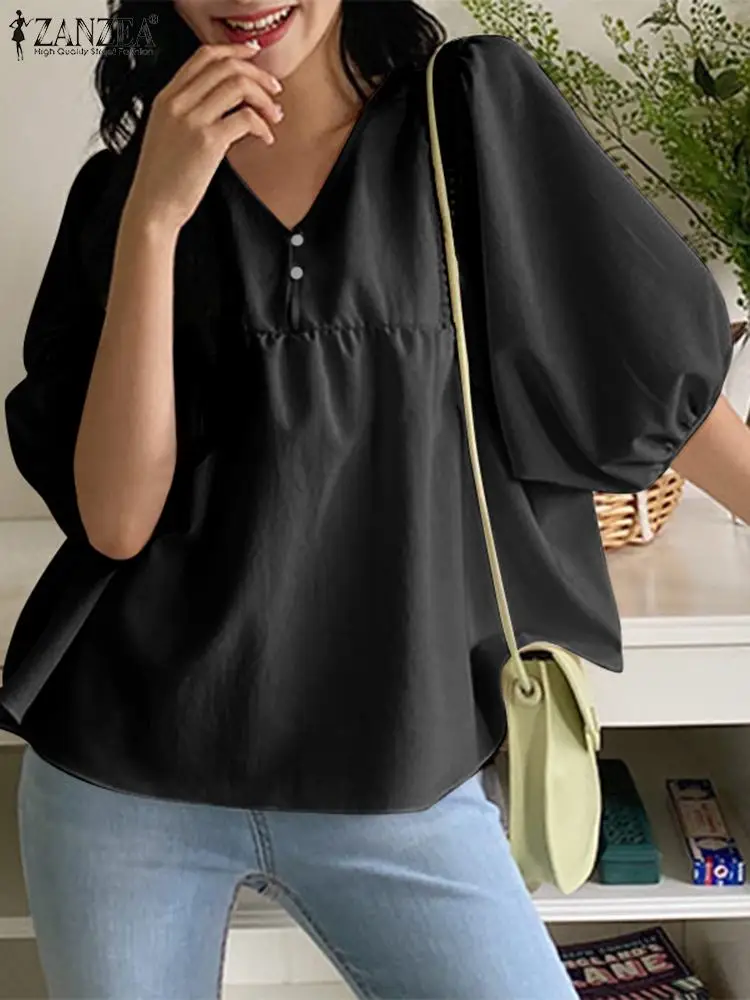 

ZANZEA Autumn Fashion Blusas Casual V Neck Tops Lace Stitching Women 2022 Black Shirts Half Puff Sleeve Butons Vintage Blouses