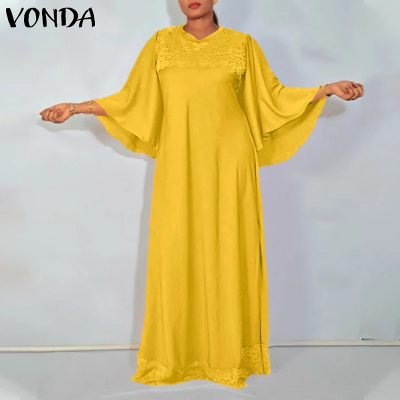 

VONDA 2022 женское Элегантное повседневное длинное платье с круглым вырезом, женский весенний плиссированный сарафан с коротким рукавом, однот...