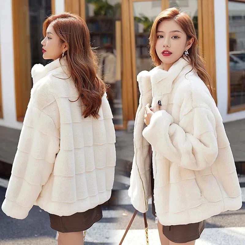 Korean Fashion Women Short Faux Mink Fur Coat Long Sleeved Splicing Winter Warm Stand Collar Jacket Office Lady Outdoor Clothing