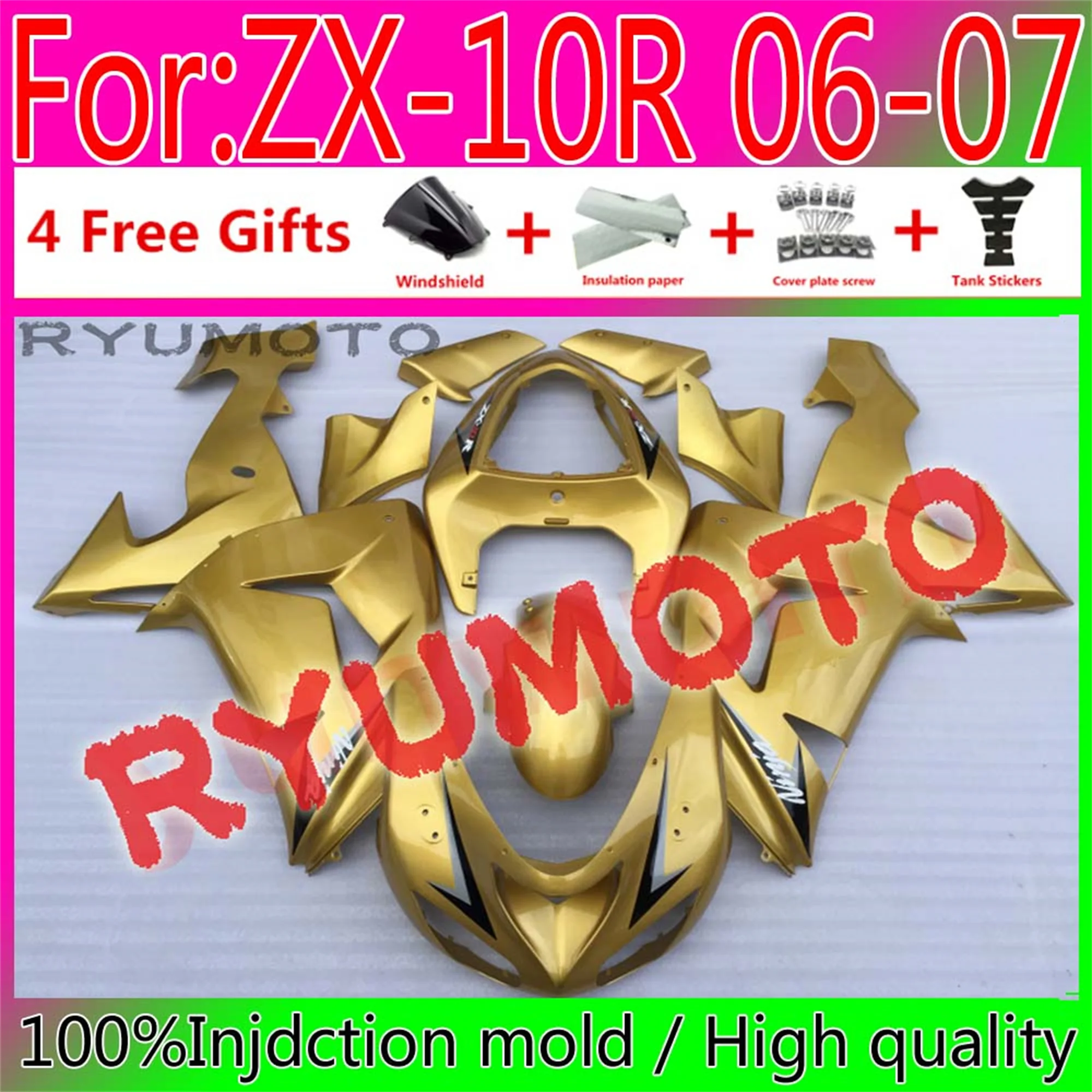 

Новинка, литьевая пресс-форма для мотоцикла ABS 100%, Обтекатели для кузова KAWASAKI ZX10R 06 07 ZX-10R ZX10 2006 2007, золотой обтекатель