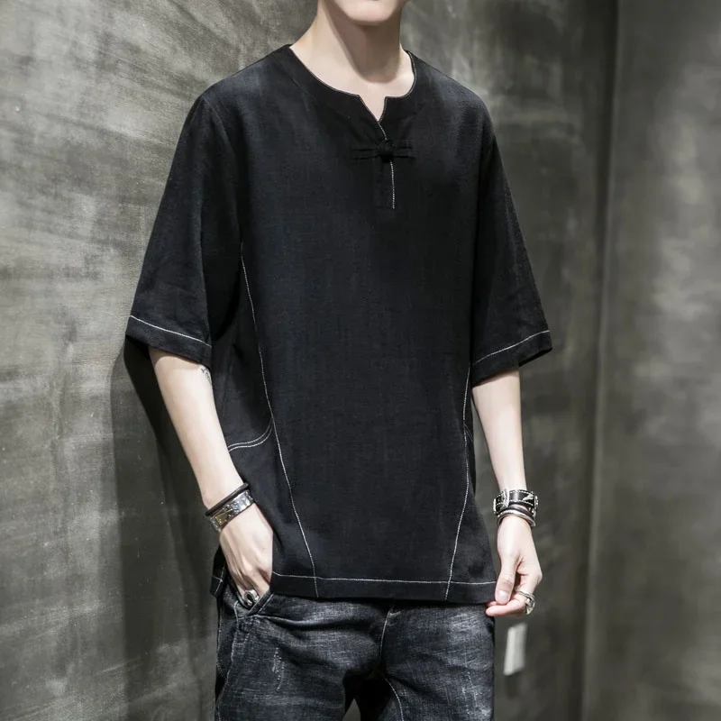 Новинка 2020 мужские топы в китайском стиле льняной костюм Тан с рукавом до локтя