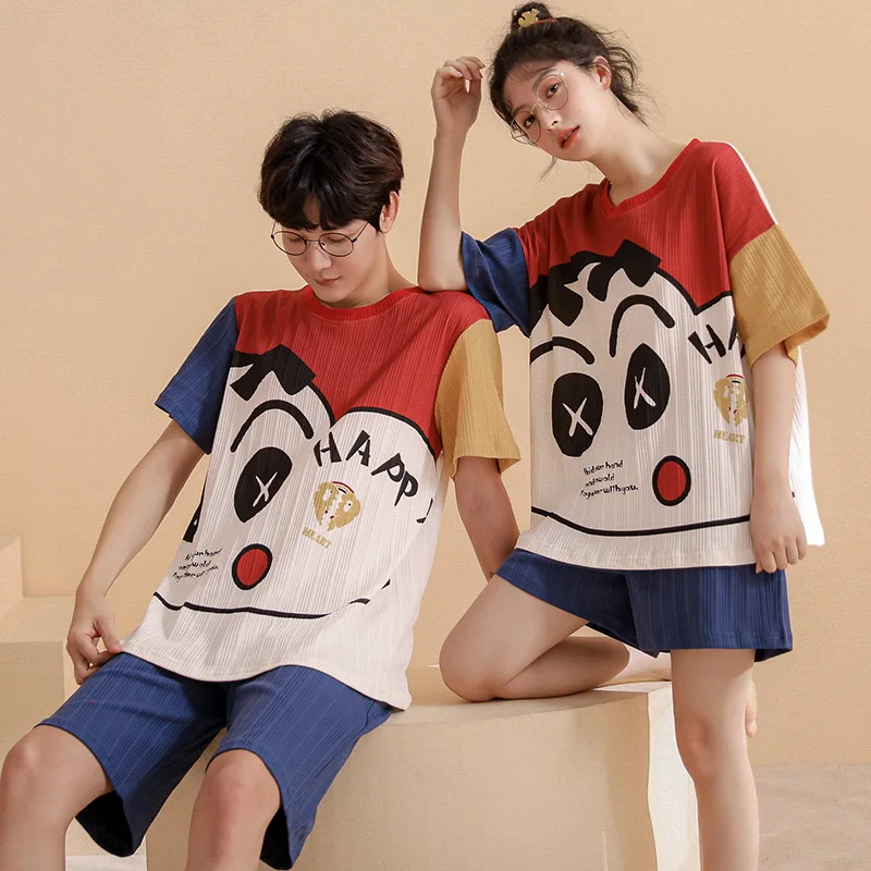 Pajamas for Women and Men Cotton Summer Thin Short-sleeved Round Neck Cartoon Skin-friendly Short Pants  Sexy Nightwear Pj Sets