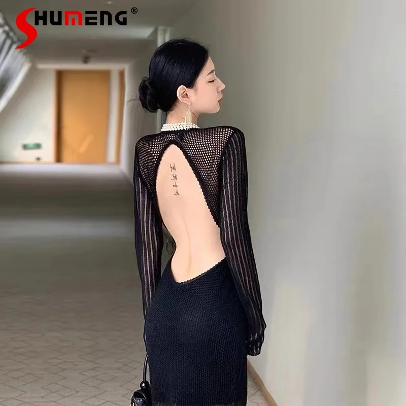 

Female 2022 Spring New Light Luxury V-neck Black Mid-calf Knitting Dress Women's Fashion Sexy Backless A-line Annual Party Dress