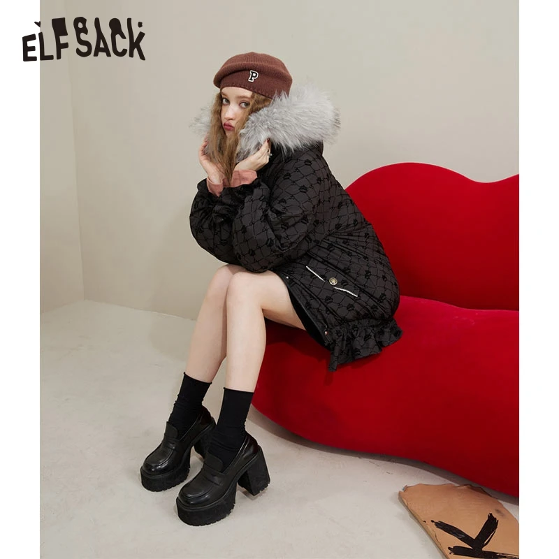 ELFSACK Black Vintage Down Coats Women 2022 Winter New Design Short Outwears