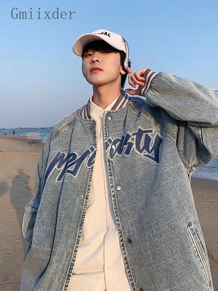 

American High Street Denim Jacket Men's Spring Autumn Oversize Handsome Letter Embroidered Varsity Jacket Punk Unisex Streetwear