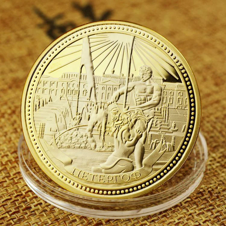 

Peterhoff St. Petersburg Russian City Collectible Coin Samson with The Lion Sculpture Gold Plated Commemorative Coins