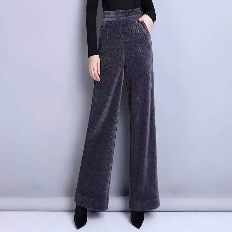 Office Lady Corduroy Fashion Straight Pants Autumn Winter Thicken Women Clothing Elastic Waist Solid Casual Wide Leg Trousers