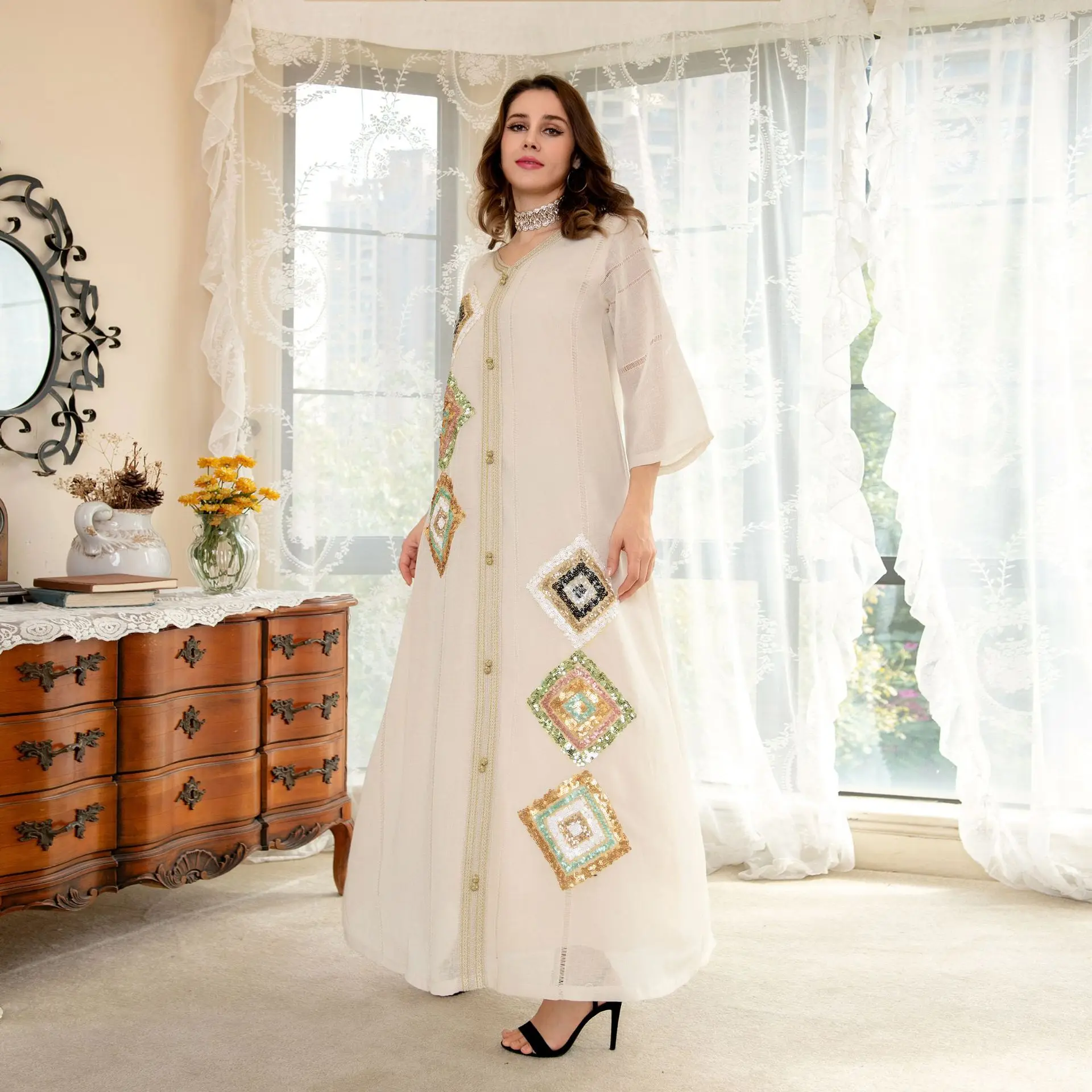 Abaya Muslim Cotton And Linen Elegant Sequins Dress Loose Skin Color Fashion Robe Dubai Abaya Turkey Islamic Women Dress