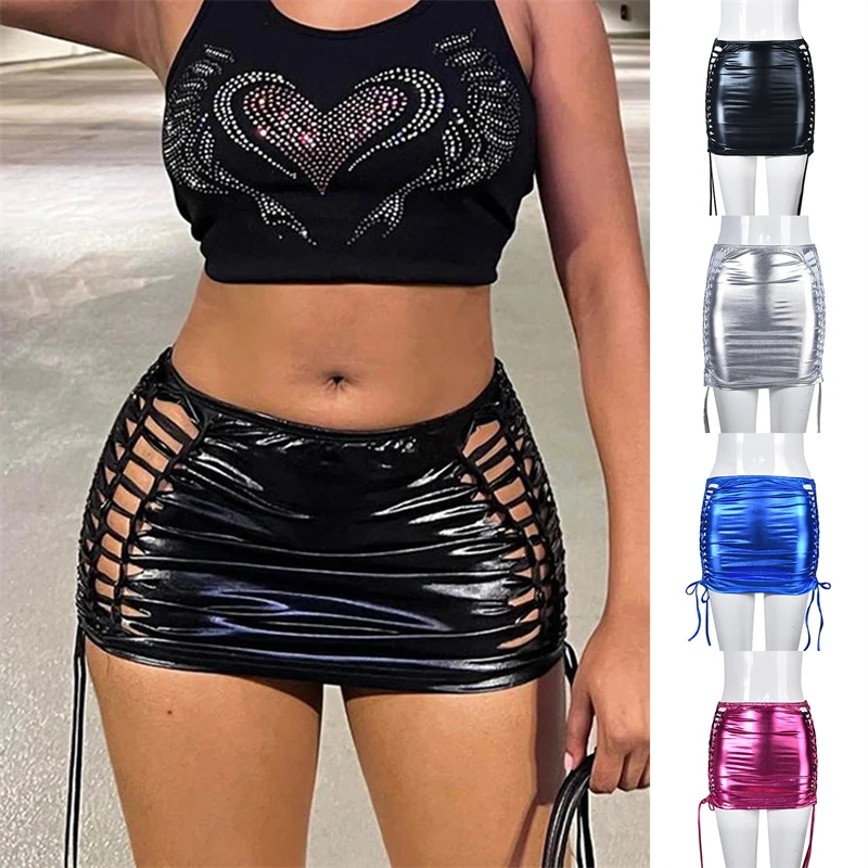 

2023 New Lace-Up Skirts Tassel Bright Face Solid Color Women Skirt Women Sexy Hollow Out Skinny Streetwear Y2K Party Skirt