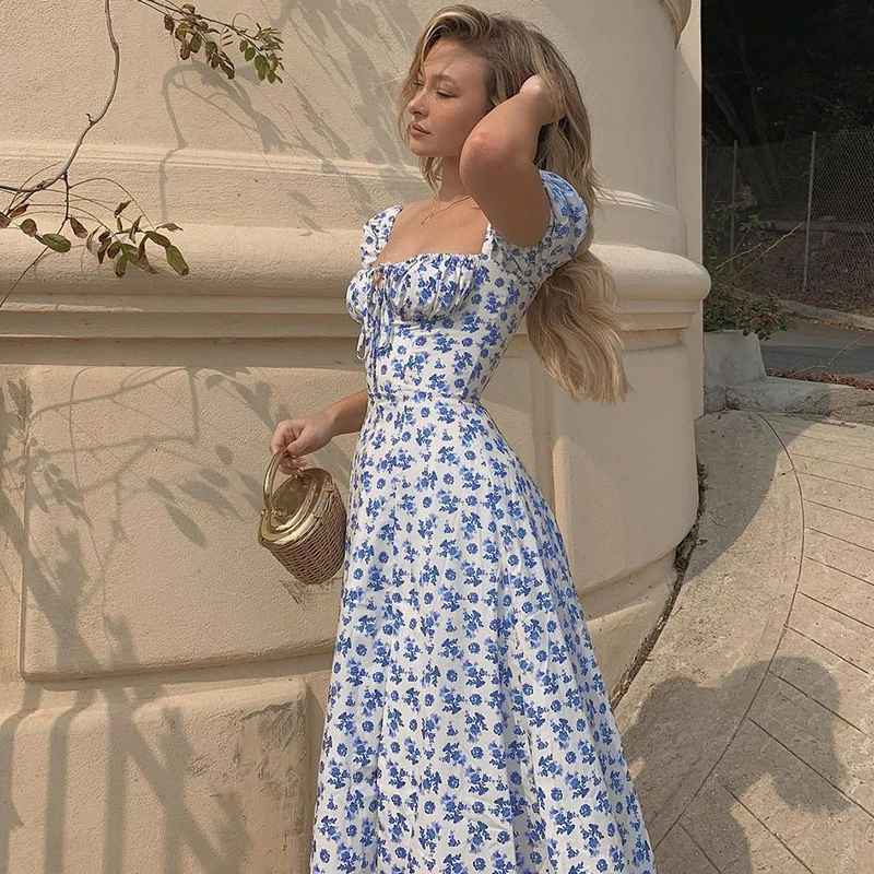 

Summer Fashion Slim Sweet Party Print Florals Lace-up Short Sleeve Long Dresses for Women Square Neck Vintage Girl Midi Dress