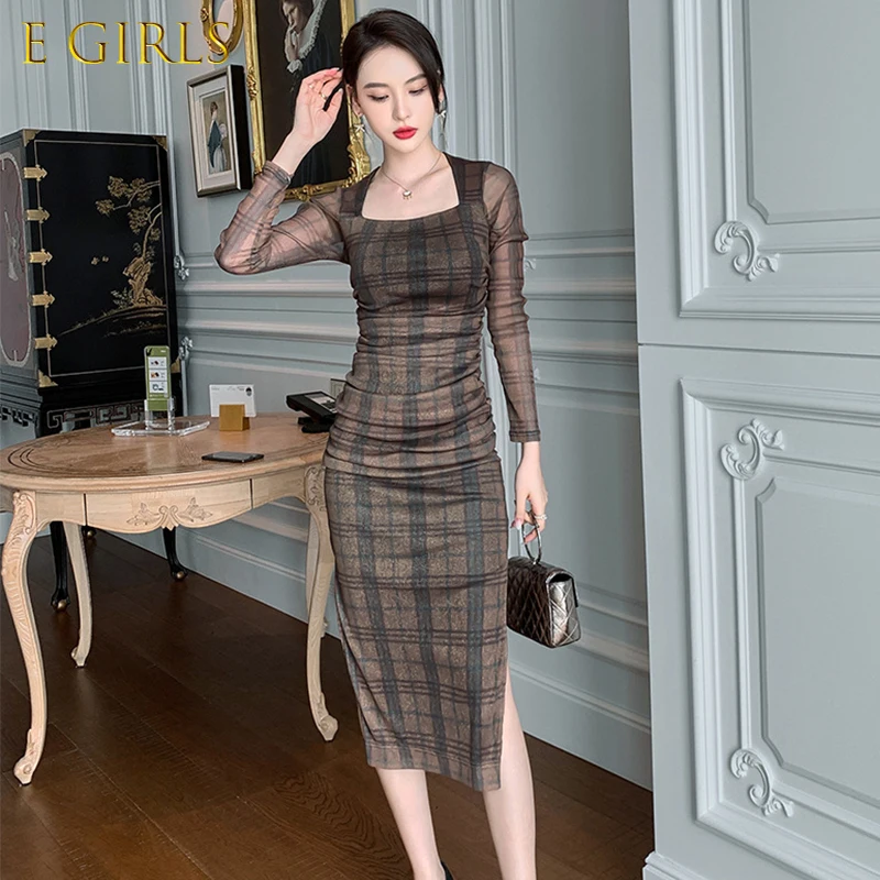 

E GIRLS Fashion Korean Style Women Coffee Break Vintage Square Collar Midi Party Dress Elegant Plaid Bright Silk With Slit