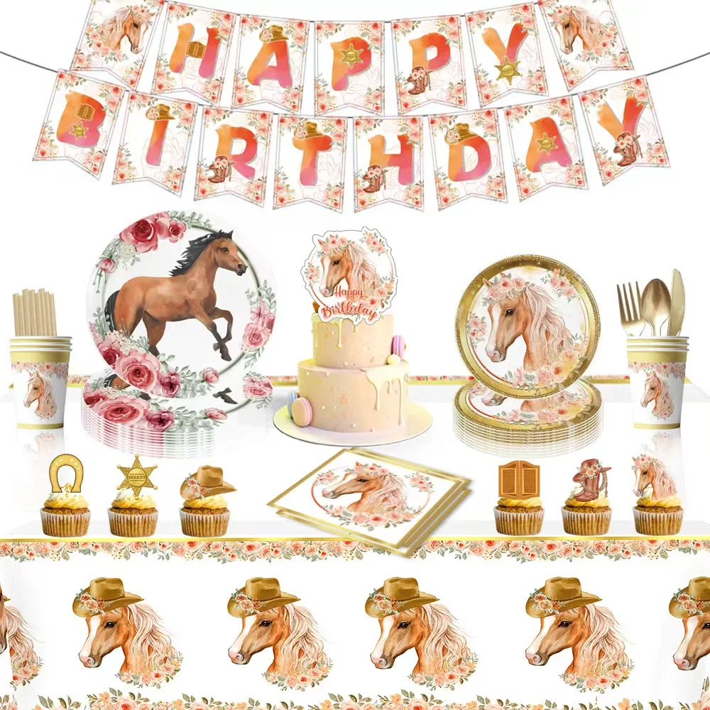 

Cartoon Spirit Riding Horse Theme Birthday Party Disposable Tableware Set Balloons Decorations Banner Cake Topper Party Supplies