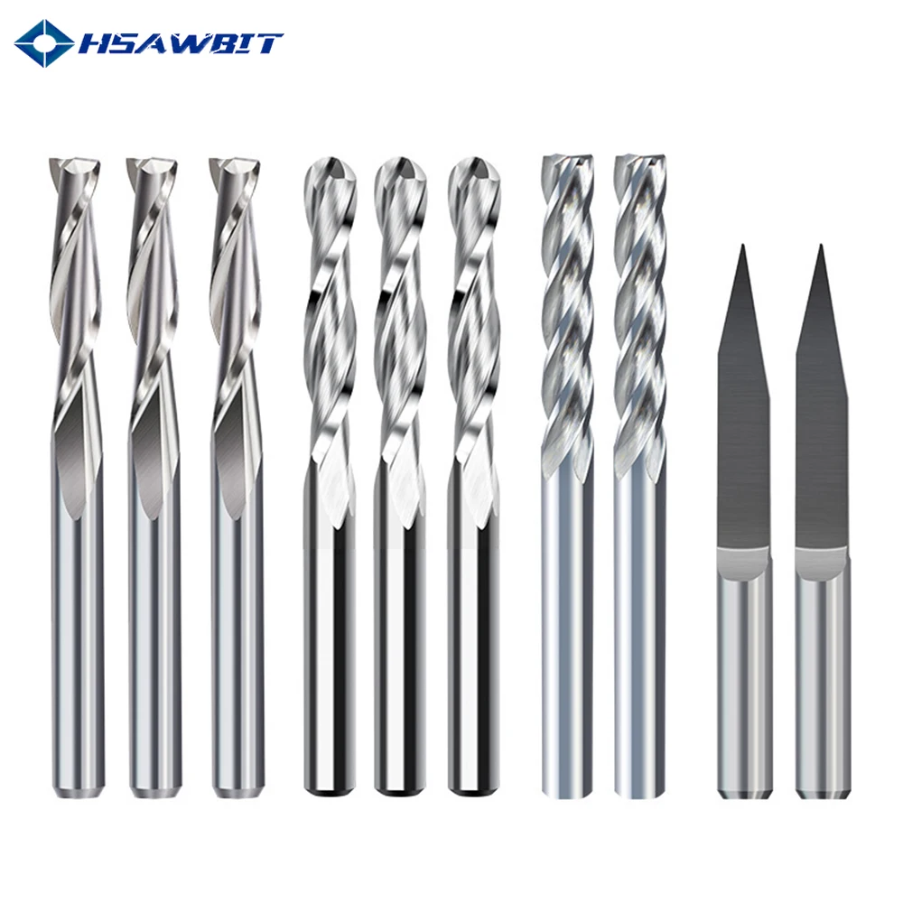 

10pcs HSS V Shape Milling Cutter 2/4 Flute Spiral Bits Ball Nose Bits Engraving Bits Mix Set