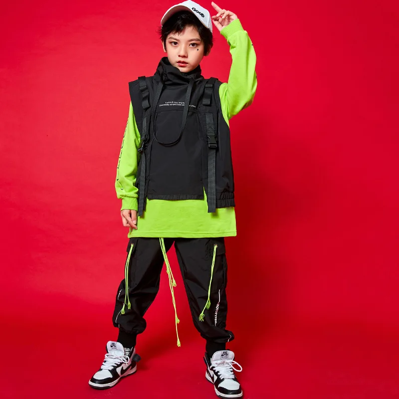 

Kpop Stage Outfit Cool Crewneck Sweatshirt Black Vest Elastic Waist Cargo Pants with Green Rope 3pcs Boys Girls Hip Hop Clothes