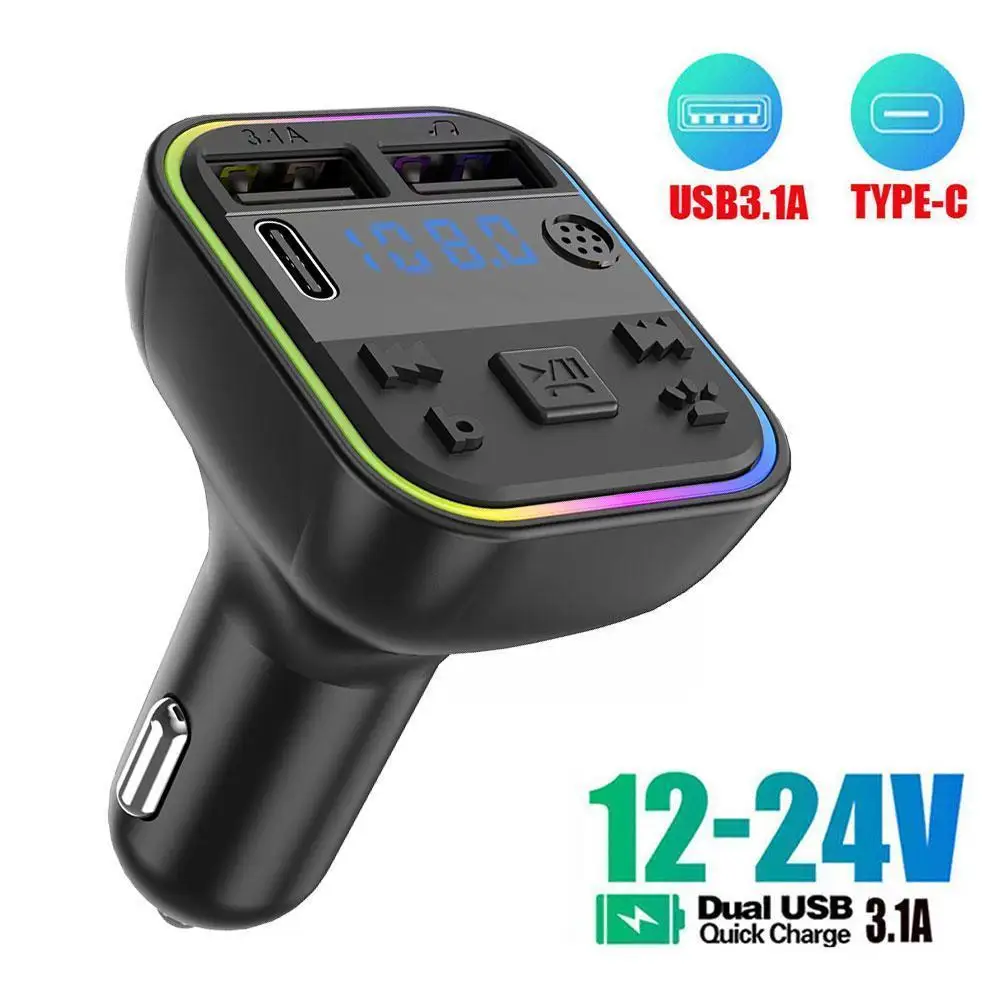 

Dual USB Car FM Transmitter Bluetooth 5.0 PD Type-C Player Colorful MP3 Charger Fast Ambient Handsfree 3.1A Modulator Light N7D6