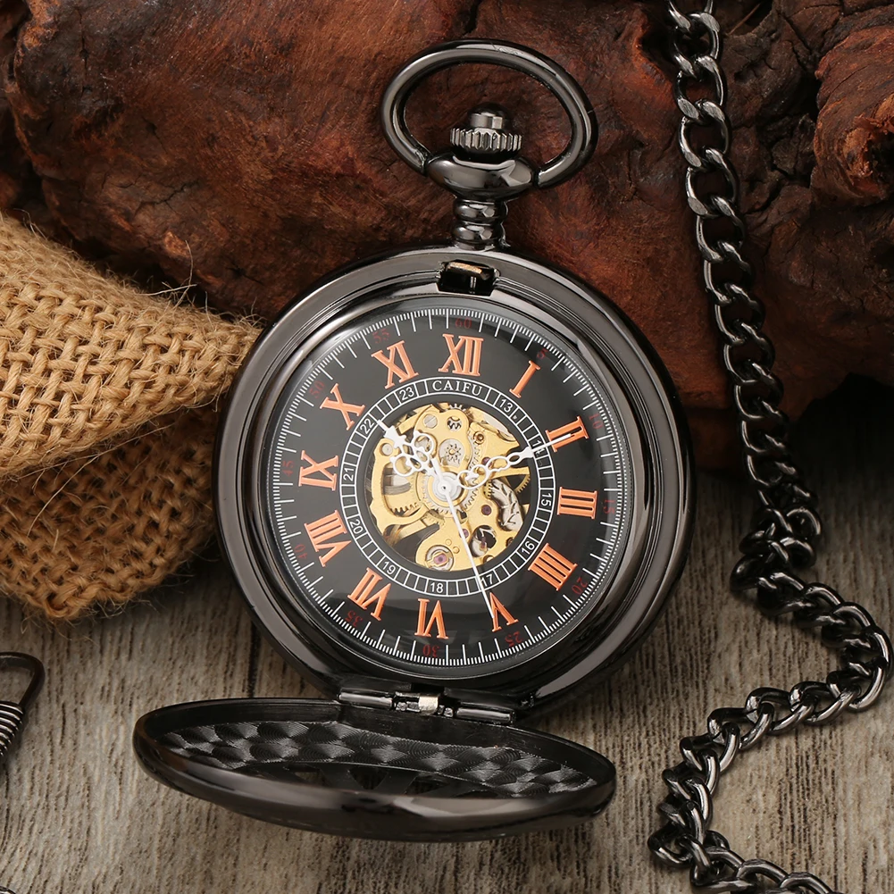 Vintage Black Hub Skeleton Mechanical Hand Winding Pocket Watch Fob Chain Rose Gold Roman Numerals Display Retro Manual Clock