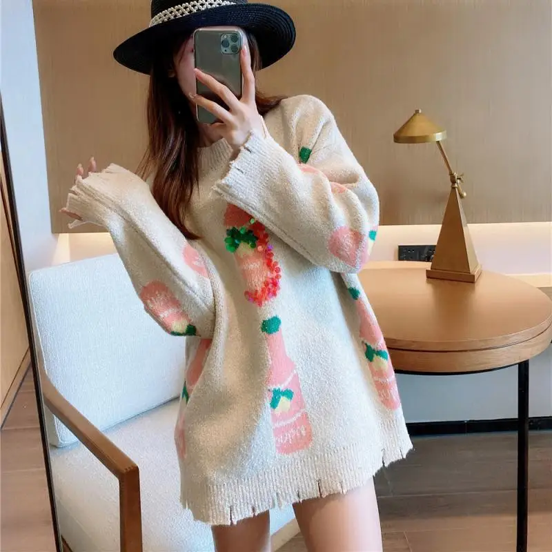 

2021 New Oneck Autumn Winter White Blue Water Bottle Print Kawaii Sweet Cute Knitted Sweater Women Casual Sequins Pullover Tops