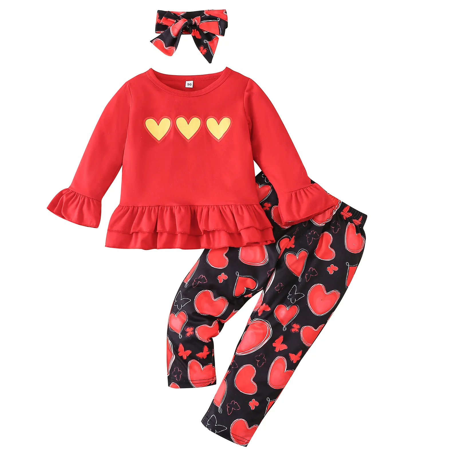 

Baby Girls Valentine's Clothing Sets Cotton Ruffle Yellow Heart Plaid milksilk print Kids Autumn Outfit