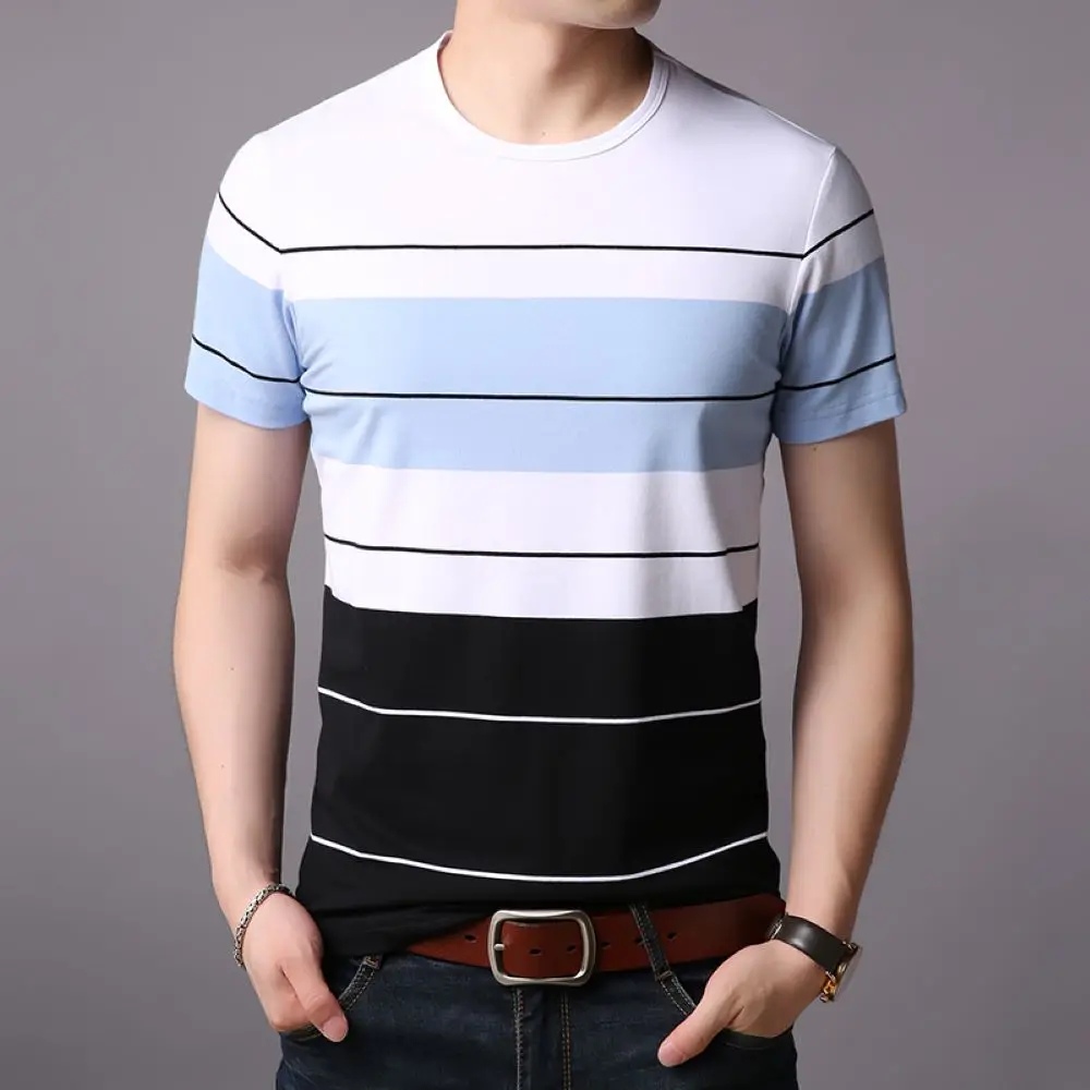 

COODRONY New Summer Business Casual Stripe T-Shirt Men Clothing Popular Versatile Comfortable Tops O-Neck Short Sleeve Tee W5542