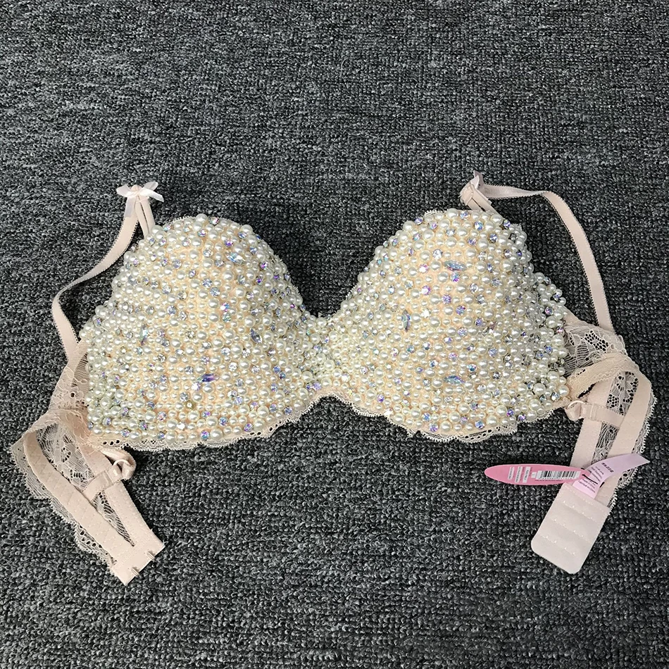 

Hand Stitched Beaded Embellishment Shiny Rhinestone Bow Knot Single Button Bra Sexy Women Pool Party 2023 New Pearl Top