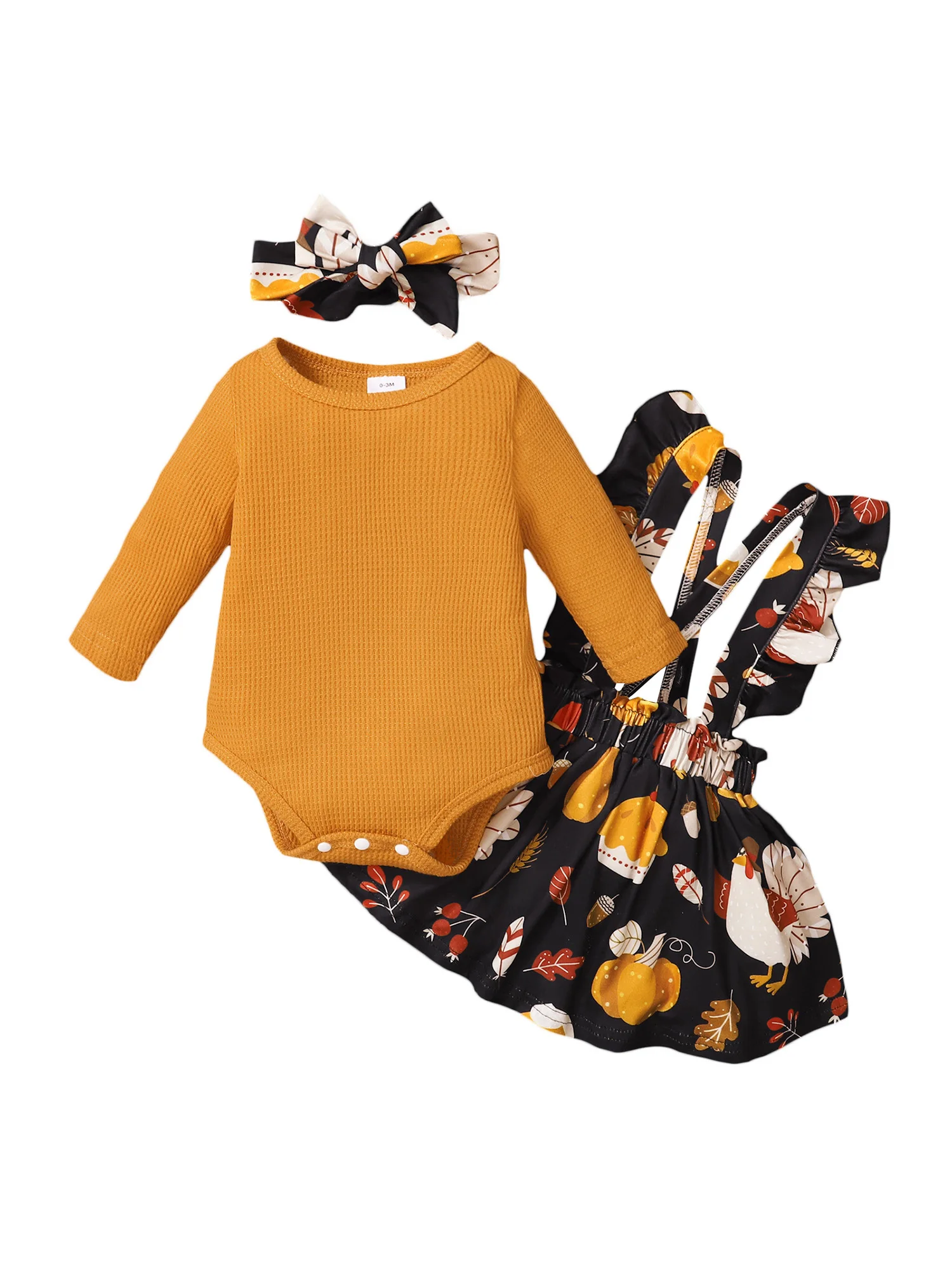 

Infant Girl Thanksgiving Long Sleeve Romper Suspender Skirt Hairband Turkey Print Ruffle Holiday Clothing