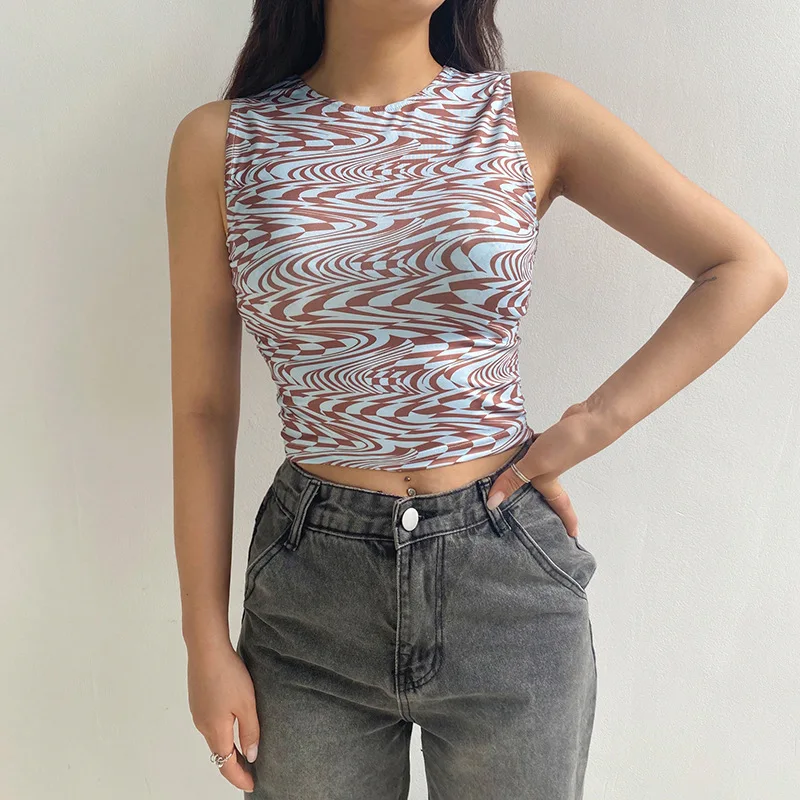 

Crop Top Y2k Green Brown Sleeveless Ripple Print Streetwear Club Sexy 2021 Summer Tanks Sheath Sexy Summer Tops Women Outfits