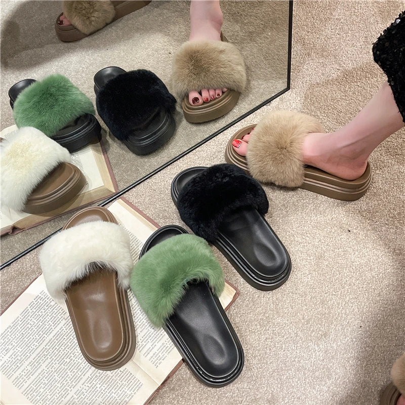 

Женские меховые тапочки, роскошные сланцы из флока на средней платформе, плюшевые дизайнерские массажные сандалии из искусственной кожи на плоской резиновой подошве, 2023