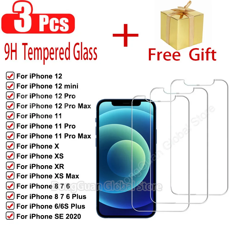 

3Pcs 9H Cover Glass on the For iPhone 13 12 11 Pro Max Tempered Glass For iPhone X XS Max XR 7 8 6 6s Plus SE Screen Protector